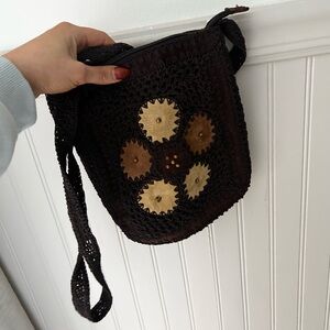 Vintage Brown Crochet Crossbody Bag with Leather Accents